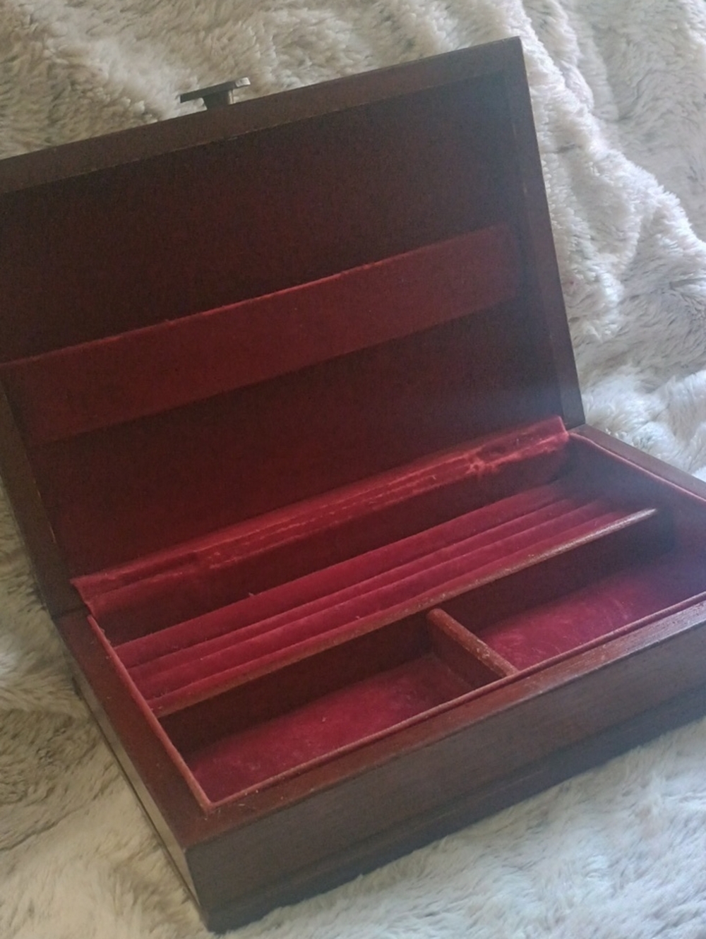 Vintage Wooden Jewelry Box with Red Velvet Interior